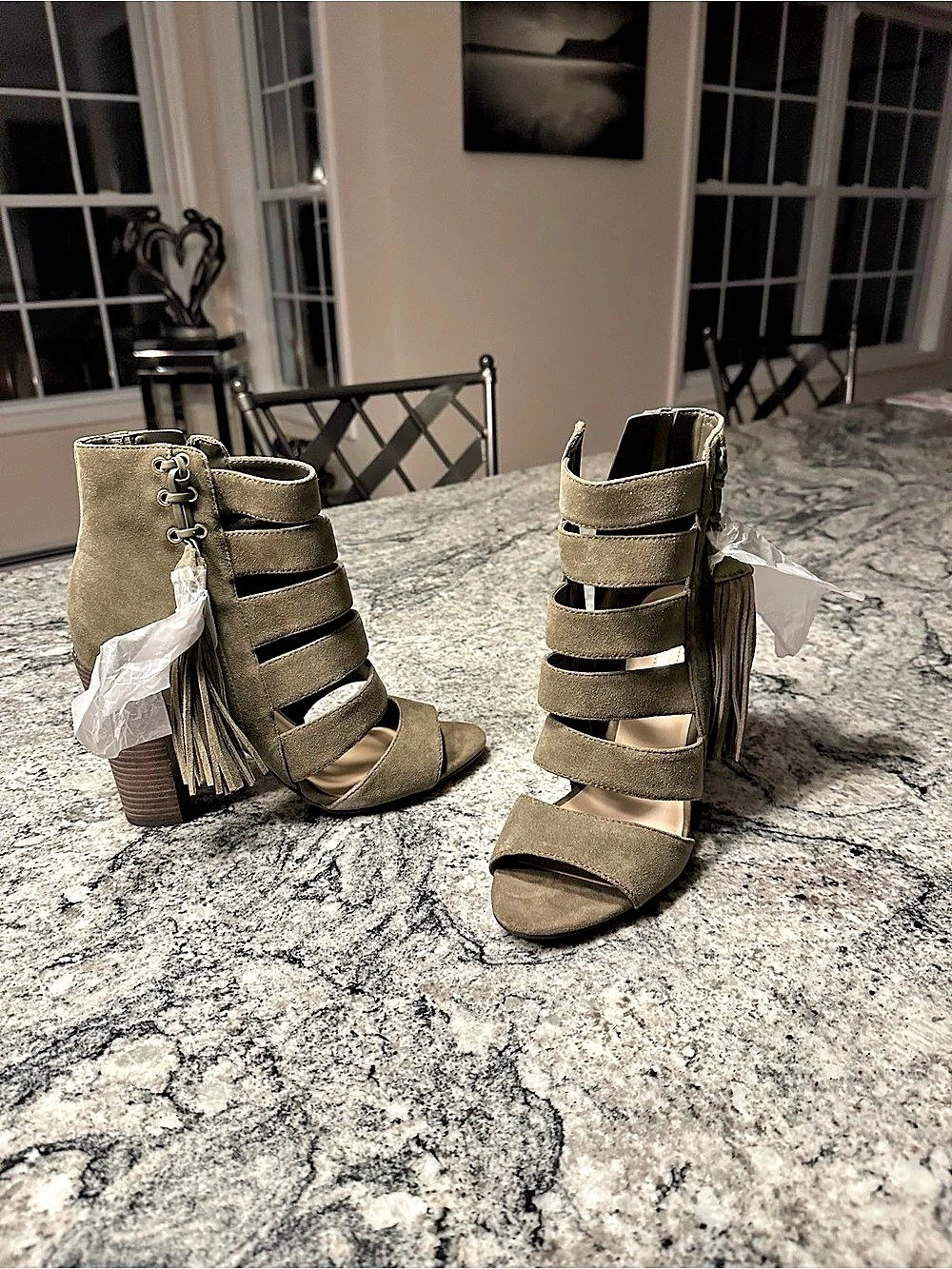 New GUESS Blasa Caged Suede Fringe Sandal Heels - Olive Green - Size 8.5